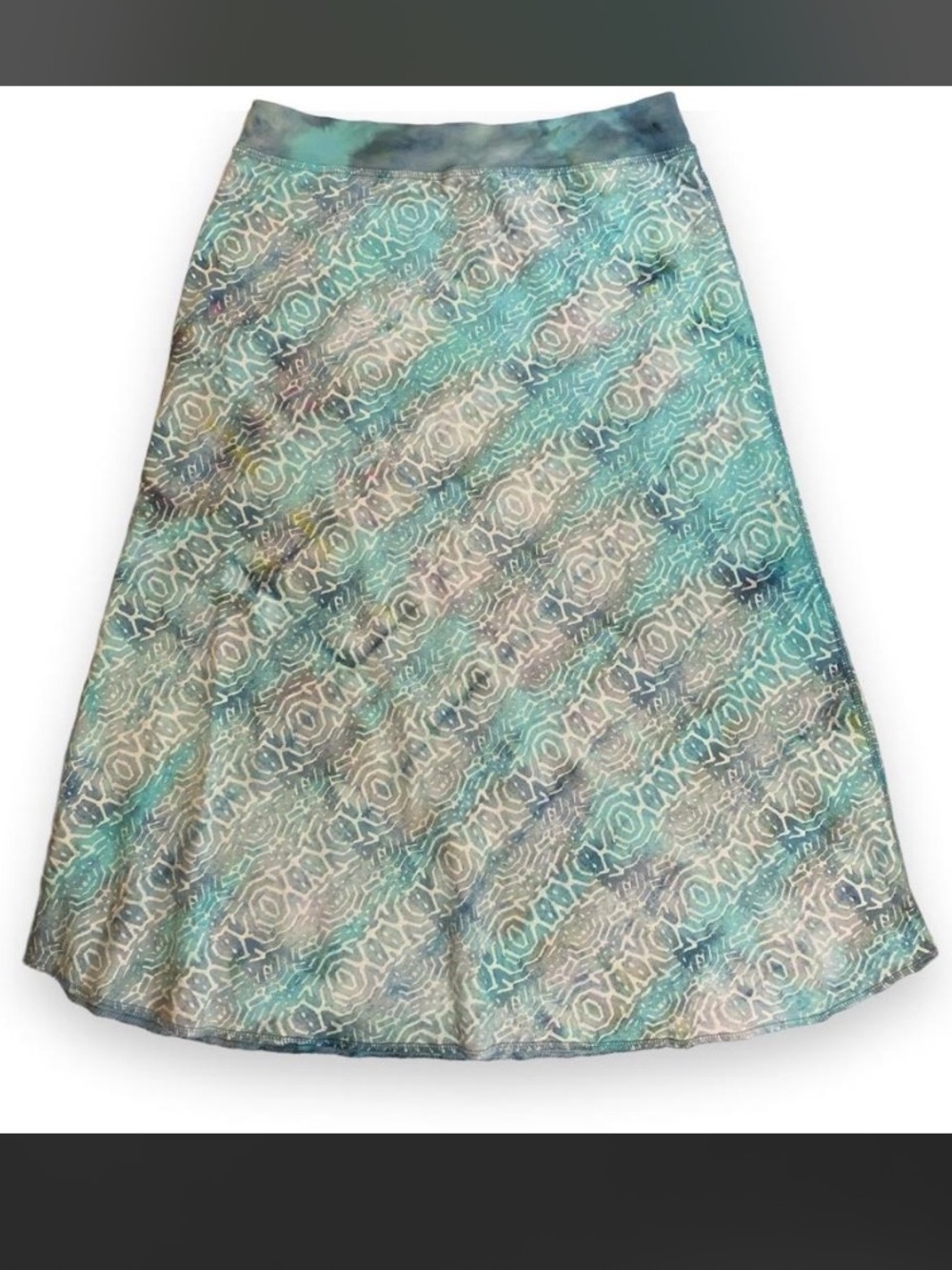 Fresh Produce Midi Skirt Small Teal Blue Geometric Batik Tie Dye Cotton Coastal